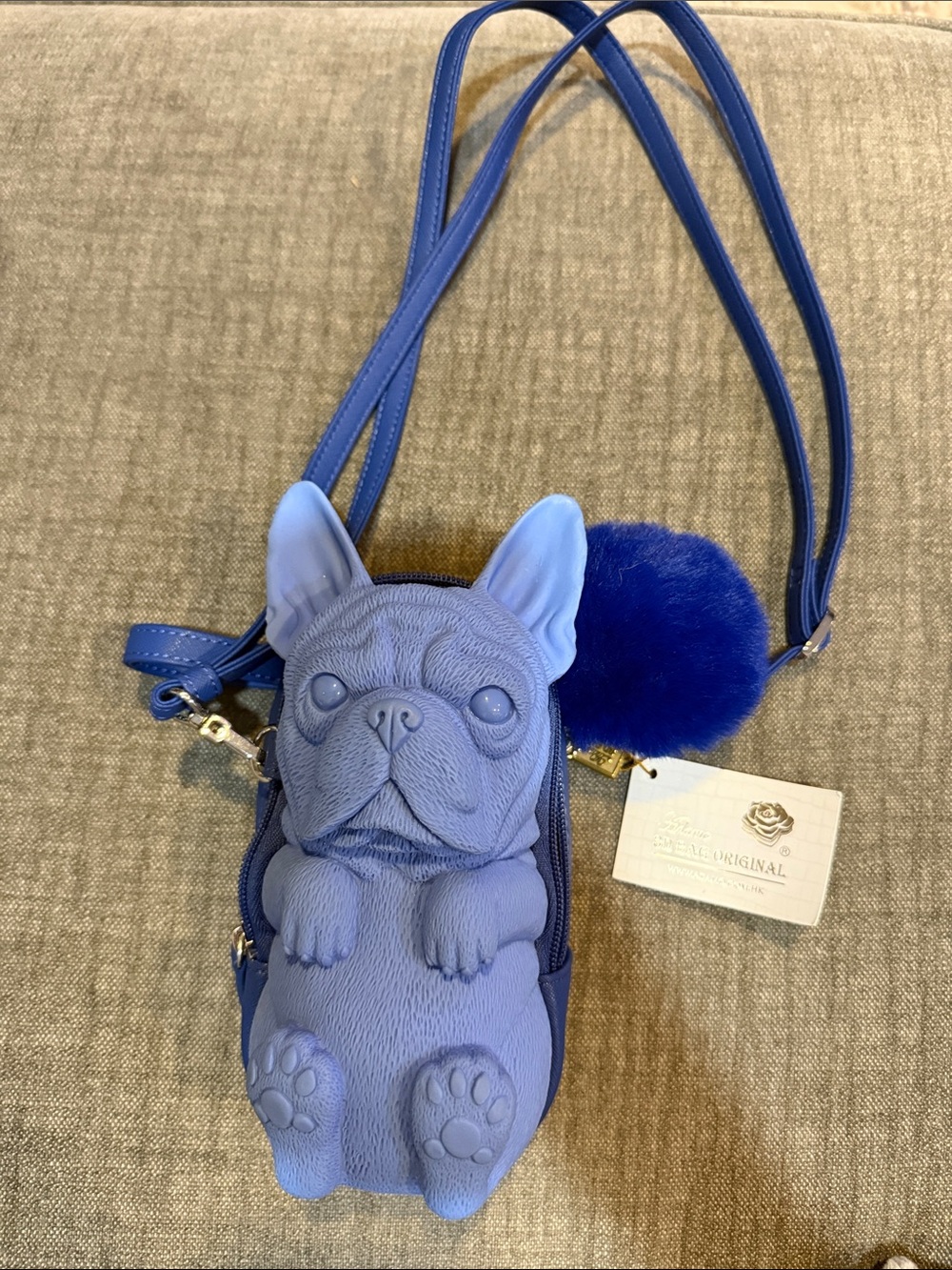Damo Blue French Bulldog Crossbody Purse with Pom Pom Charm